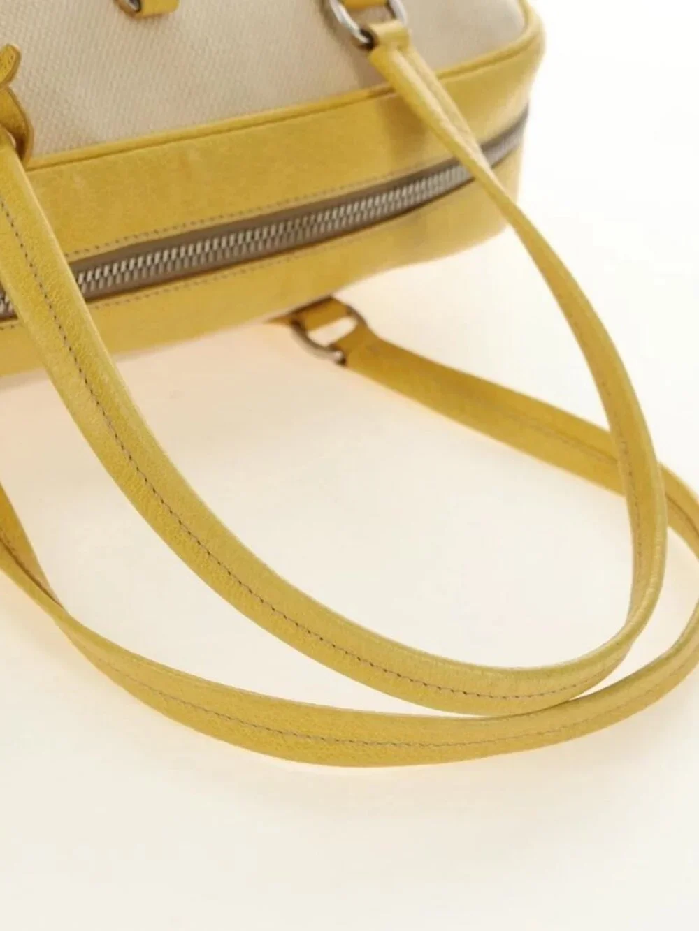 PRADA Hand Bag Canvas Leather Beige Yellow Silver Auth